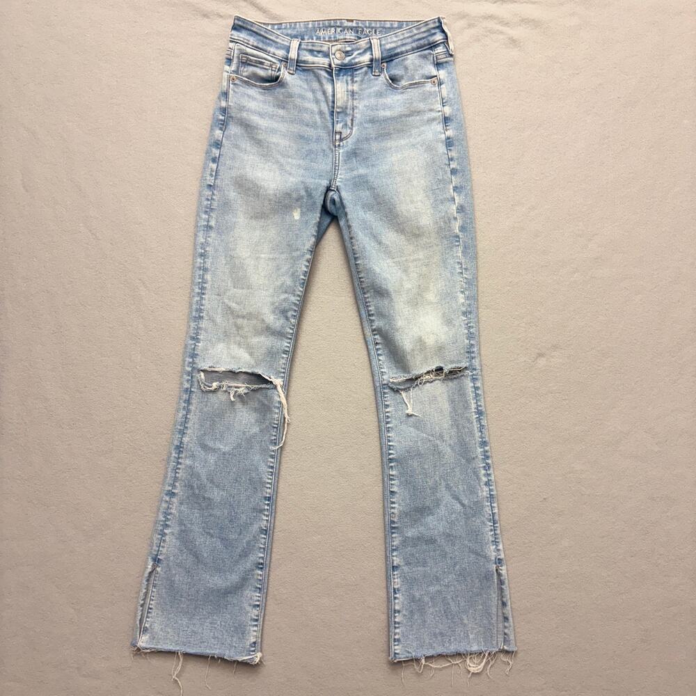 American Eagle High Rise Skinny Kick Jeans Light Wash Raw Split Hem Size 4